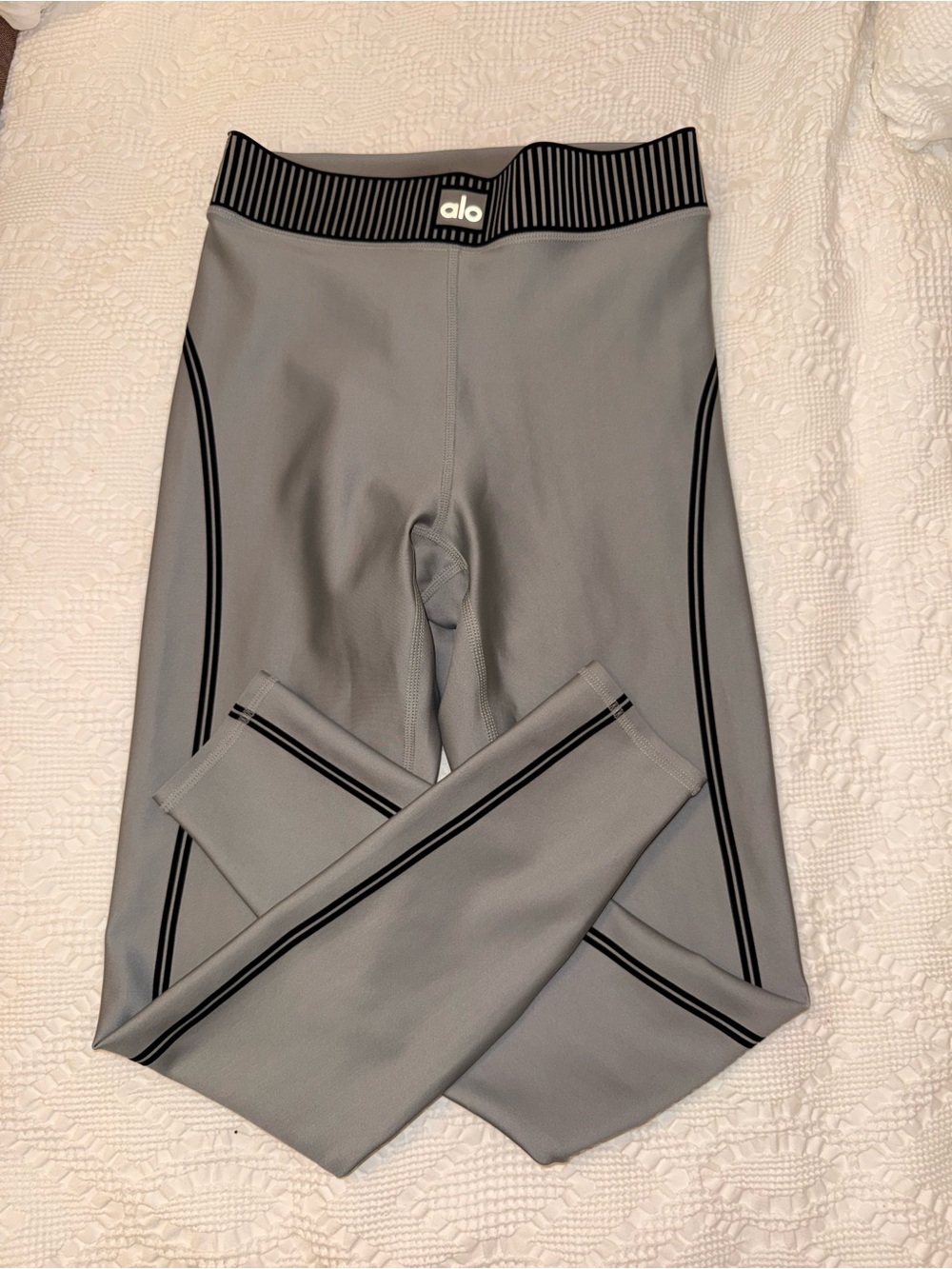 ALO Yoga Gray Leggings with Black Stripe Trim